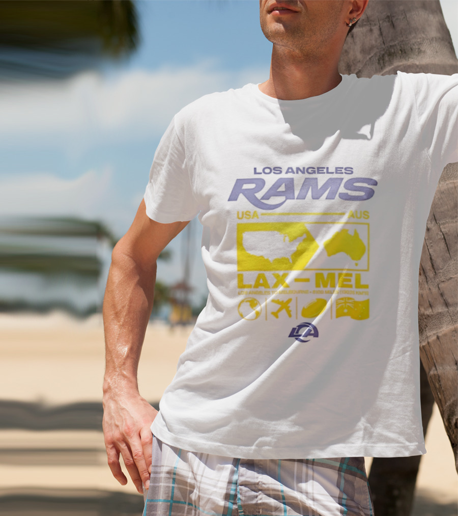Los Angeles Rams LAX To MEL 2026 USA To Australia Football Journey T-Shirt