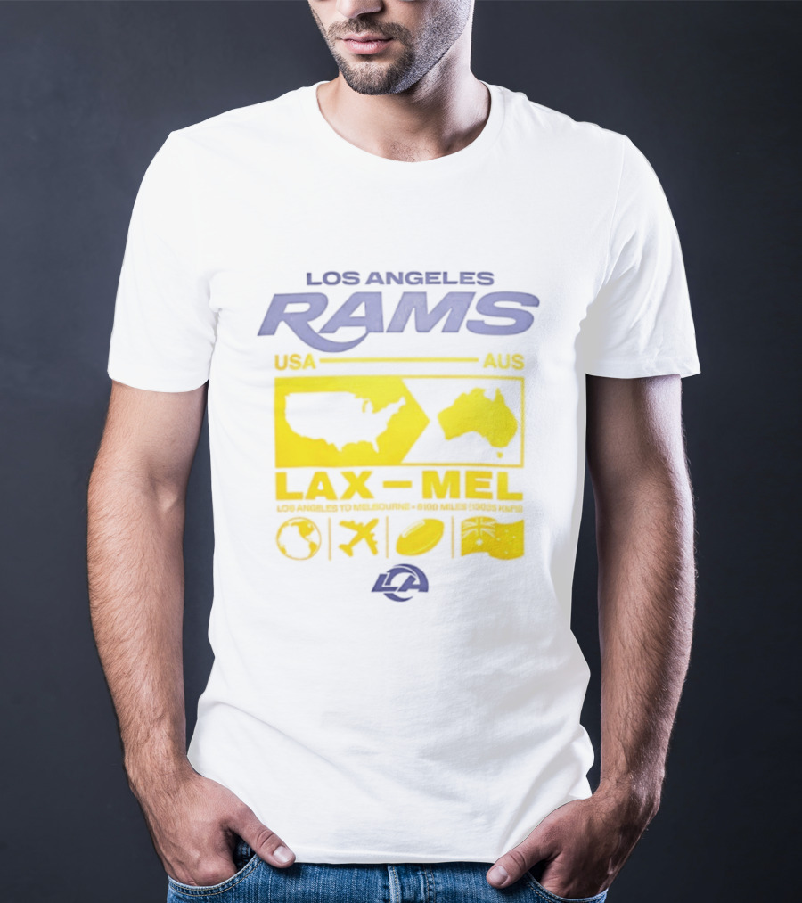 Los Angeles Rams LAX To MEL 2026 USA To Australia Football Journey T-Shirt