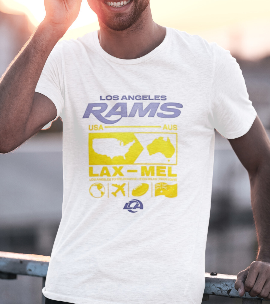 Los Angeles Rams LAX To MEL 2026 USA To Australia Football Journey T-Shirt