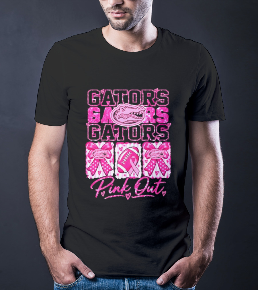 Gators Pink Out Breast Cancer Awareness Game Day Bow Ribbon Football T-Shirt
