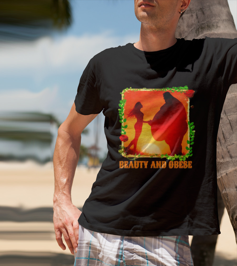 Beauty And Obese Romantic Satire With Sunset Silhouette And Roses T-Shirt