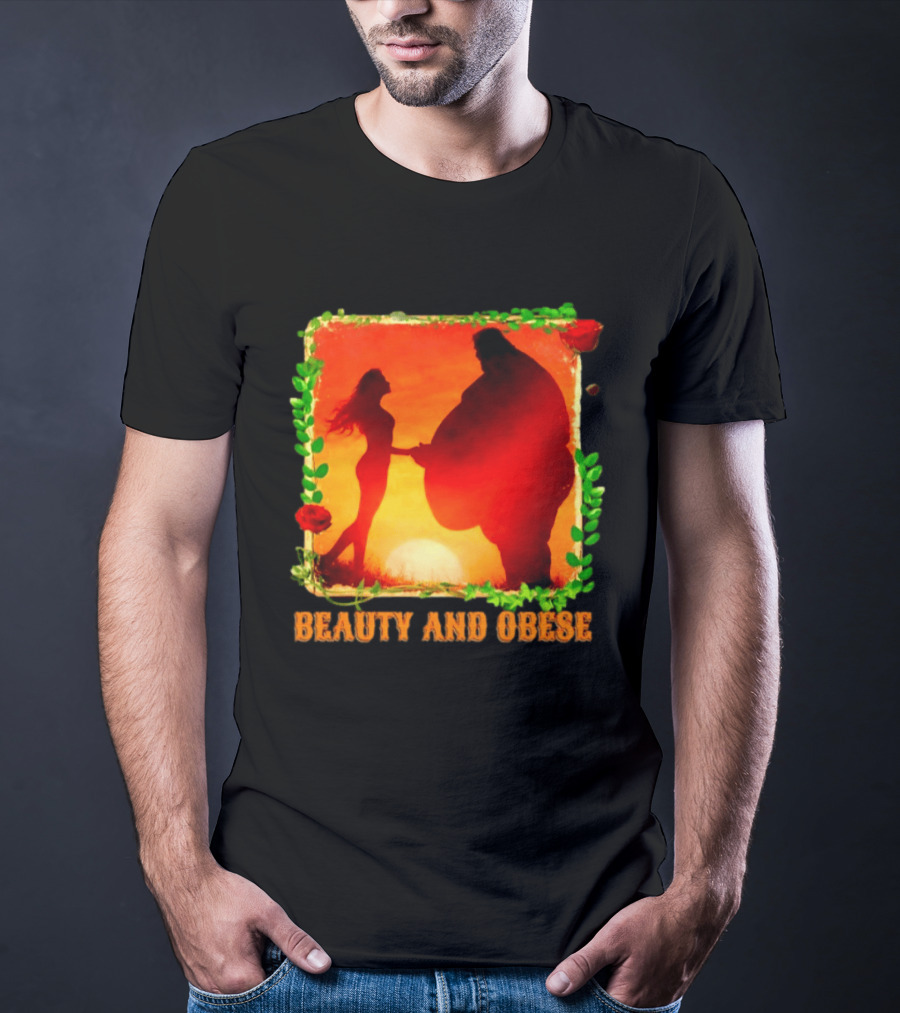 Beauty And Obese Romantic Satire With Sunset Silhouette And Roses T-Shirt