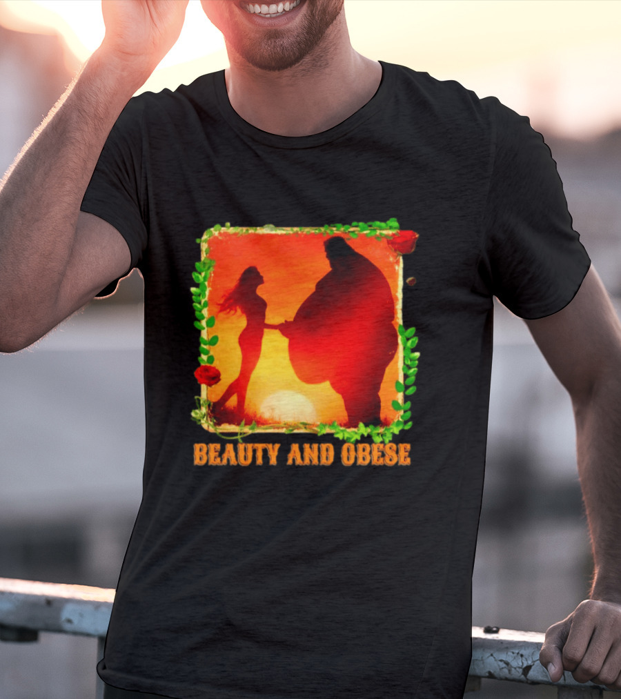 Beauty And Obese Romantic Satire With Sunset Silhouette And Roses T-Shirt