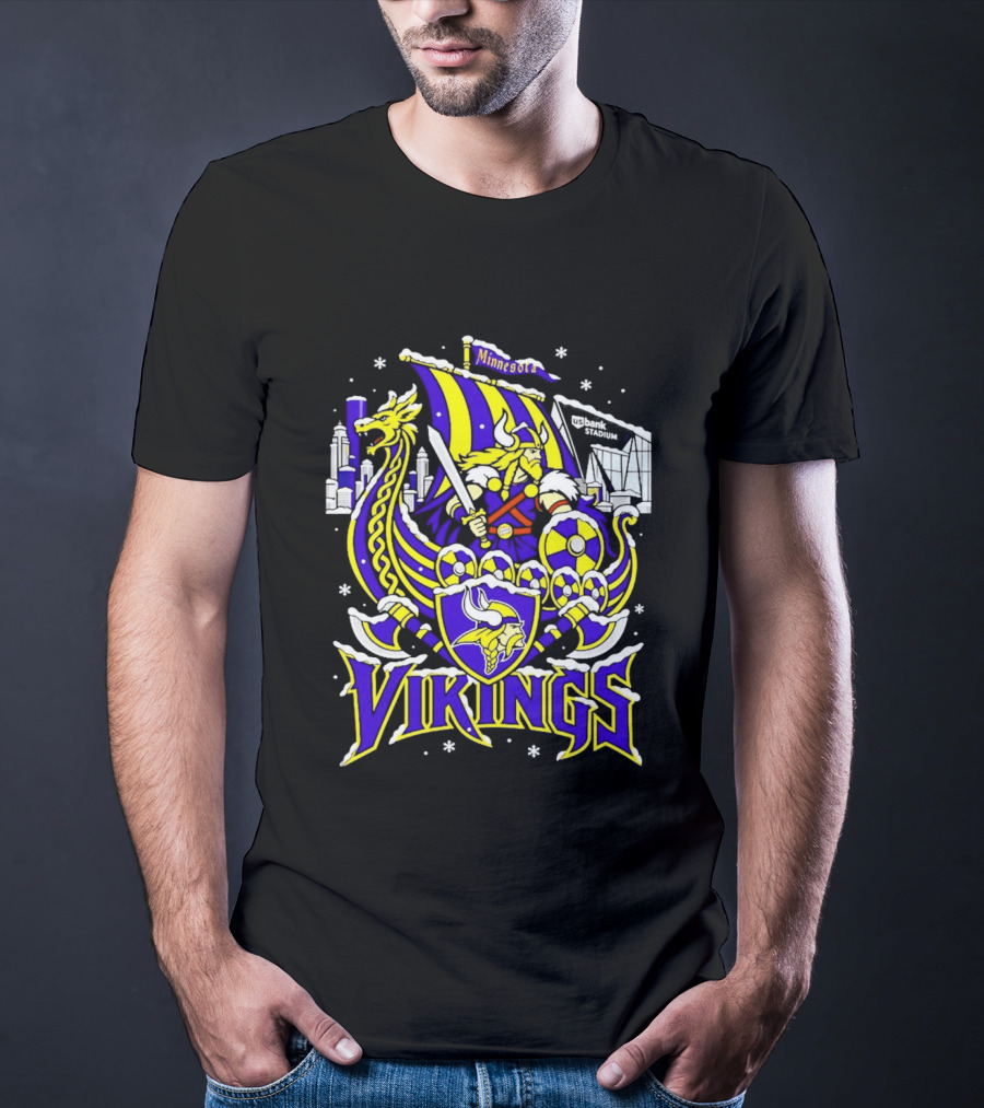 Minnesota Vikings Ship US Bank Stadium Winter City Skyline T-Shirt