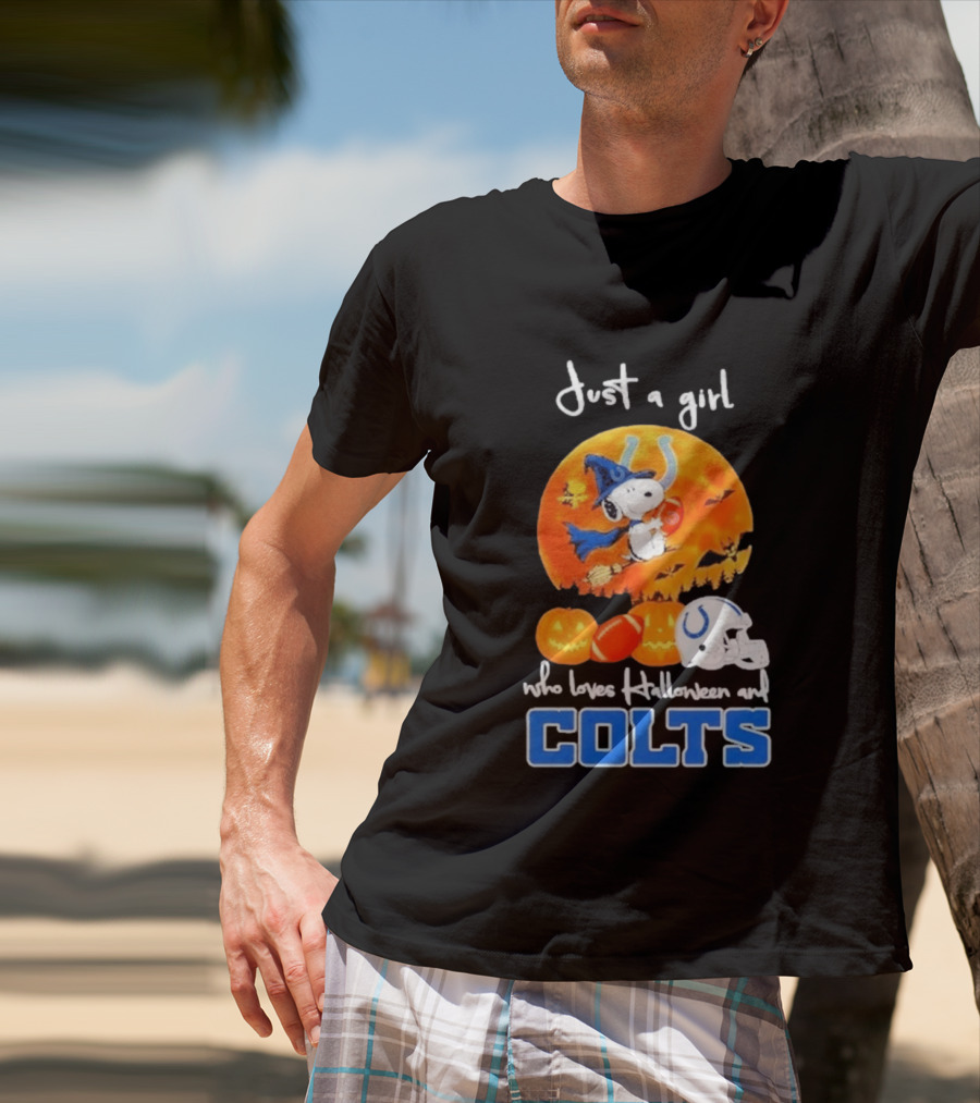 Just A Girl Who Loves Halloween And Colts Snoopy Woodstock Collaboration T-Shirt