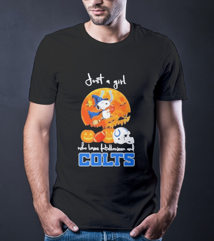 Just A Girl Who Loves Halloween And Colts Snoopy Woodstock Collaboration T-Shirt
