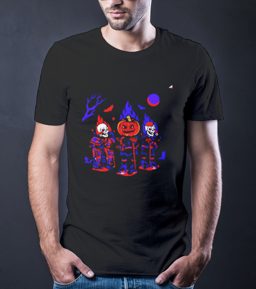 Halloween Pumpkin Skeleton Hockey Players Spooky Sports T-Shirt