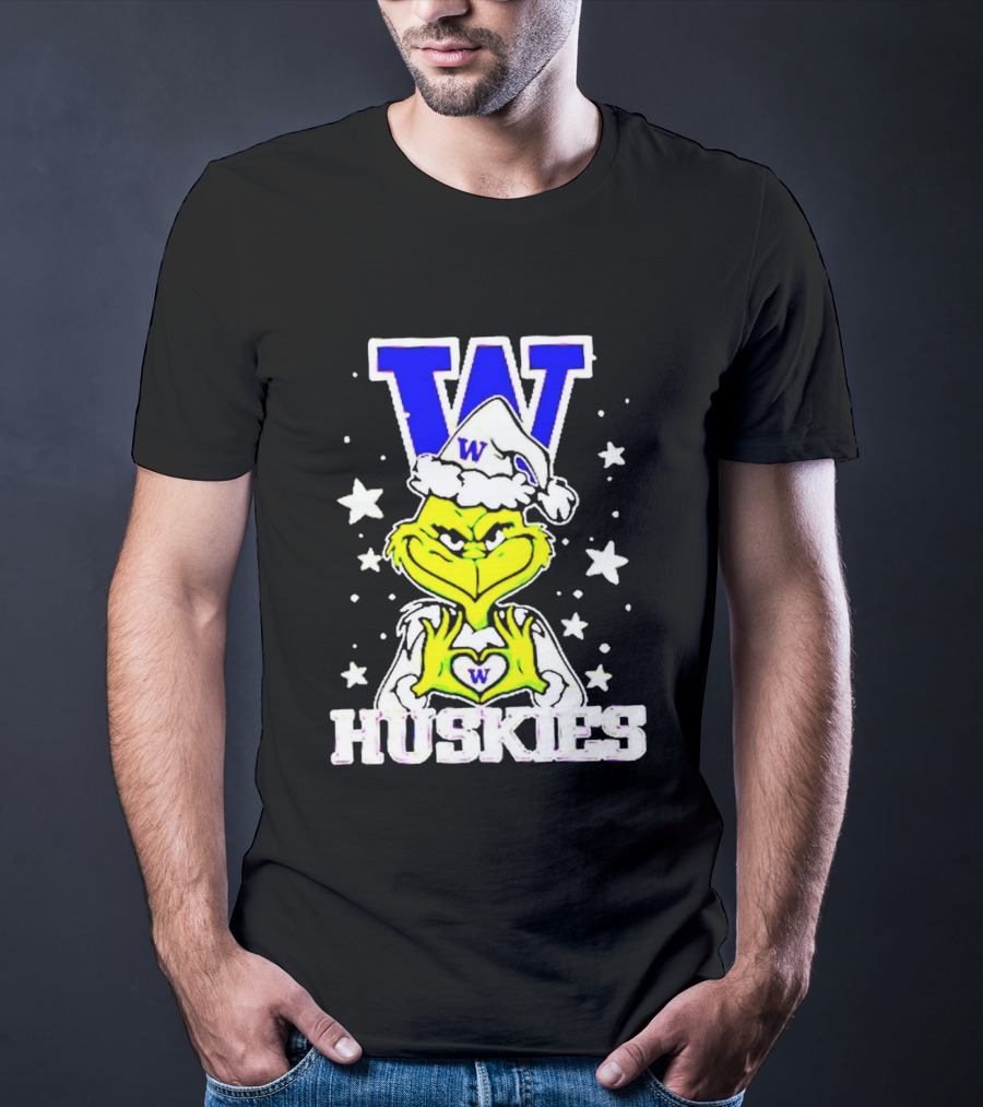 Washington Huskies Grinch Santa Hat Christmas Heart Hands W Monogram T-Shirt