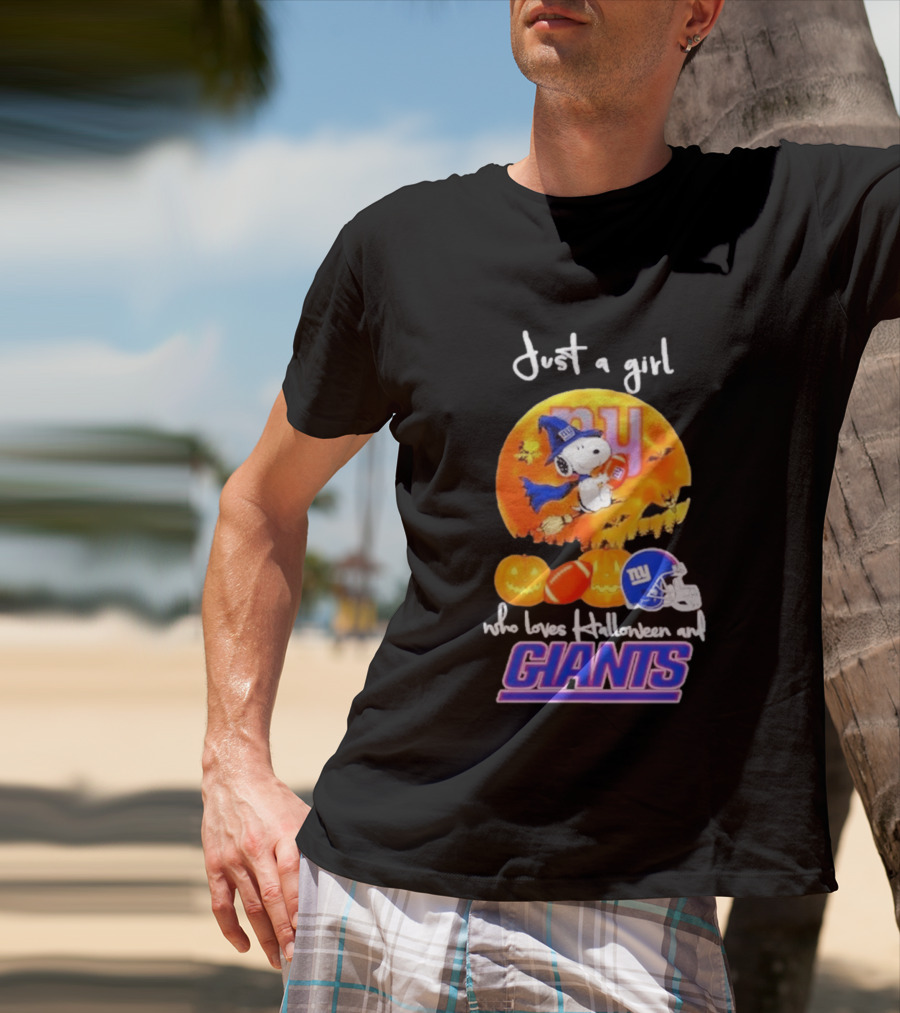 Just A Girl Who Loves Halloween New York Giants Snoopy Woodstock T-Shirt