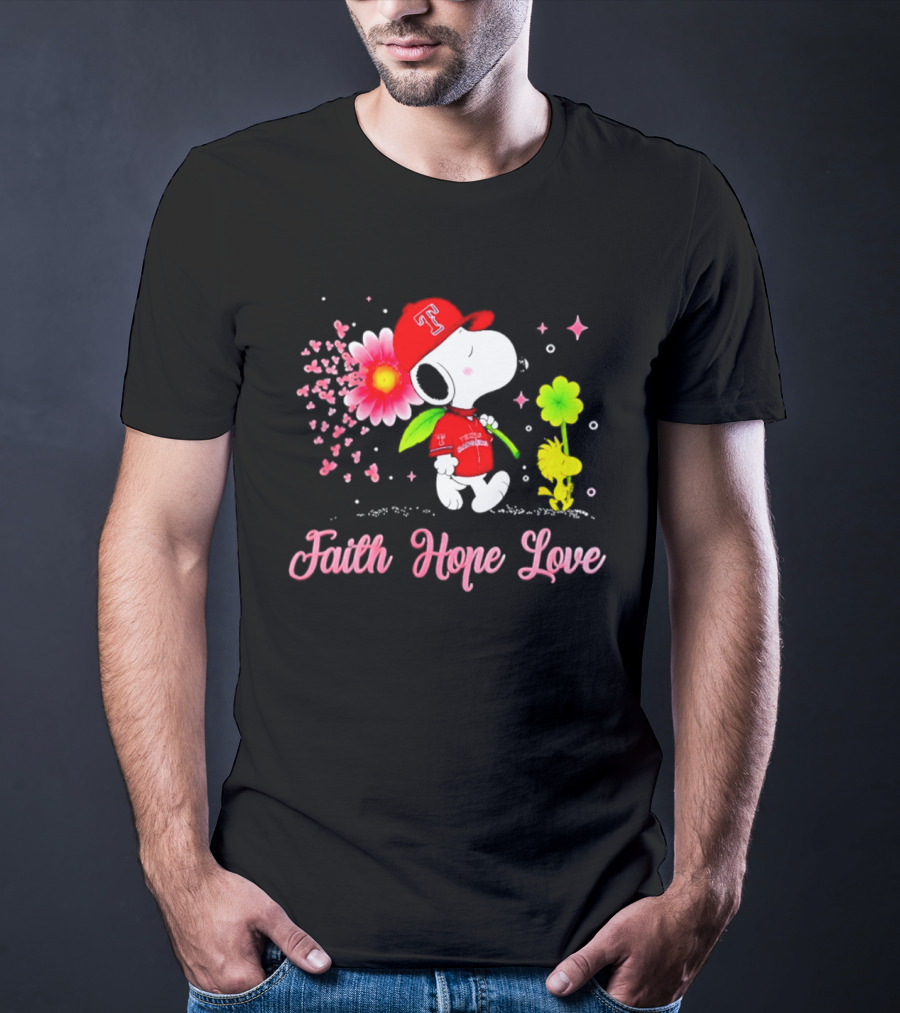 Texas Rangers Snoopy Faith Hope Love Breast Cancer Awareness 2026 T-Shirt