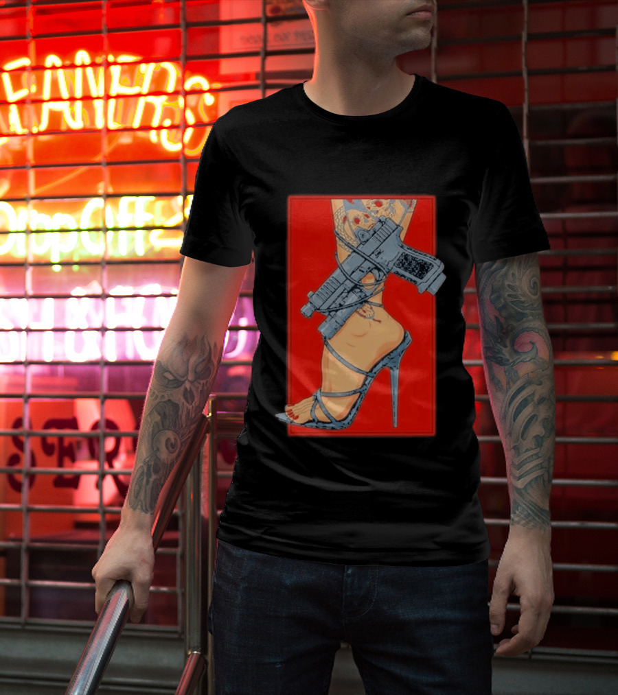 High Heel Stiletto With Gun And Tattoo Art On Red T-Shirt