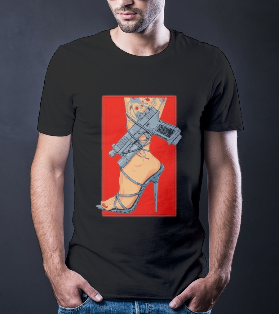 High Heel Stiletto With Gun And Tattoo Art On Red T-Shirt