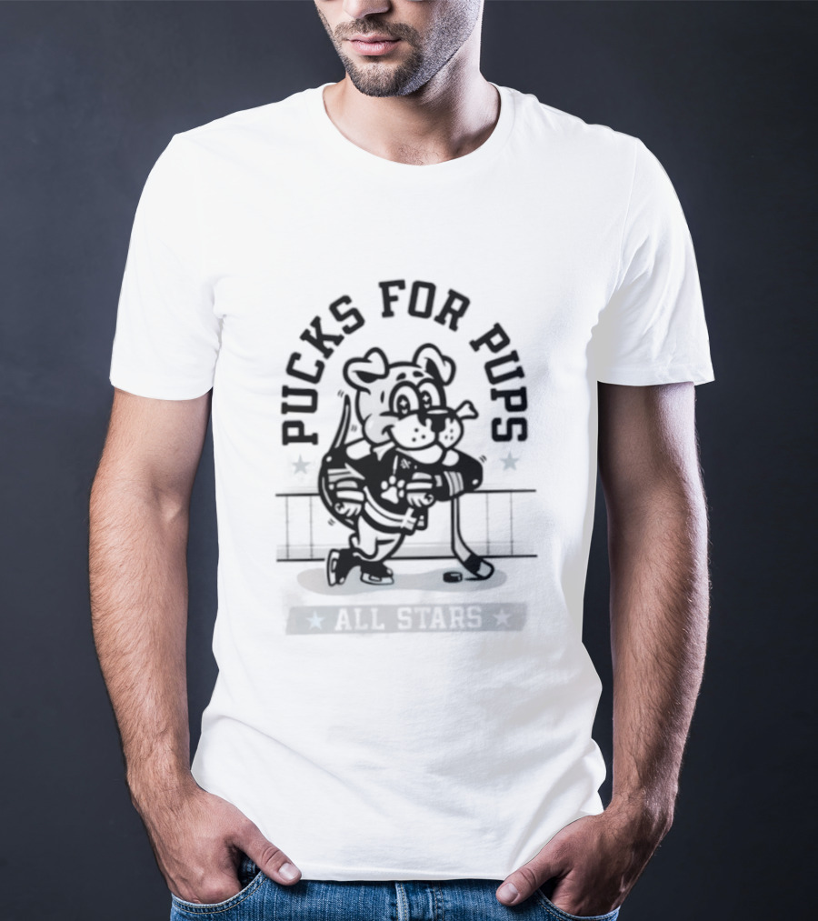 Pucks For Pups All Stars Hockey Dog With Hockey Stick T-Shirt