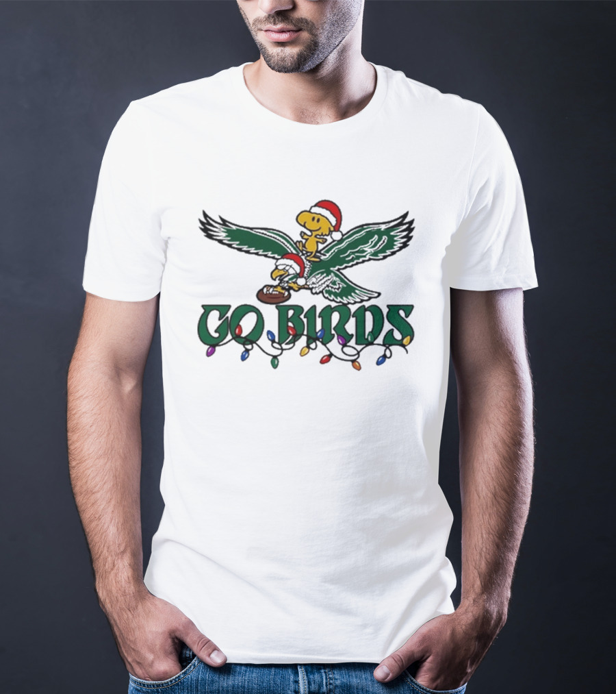Snoopy And Woodstock Riding Philadelphia Eagles Christmas Go Birds T-Shirt