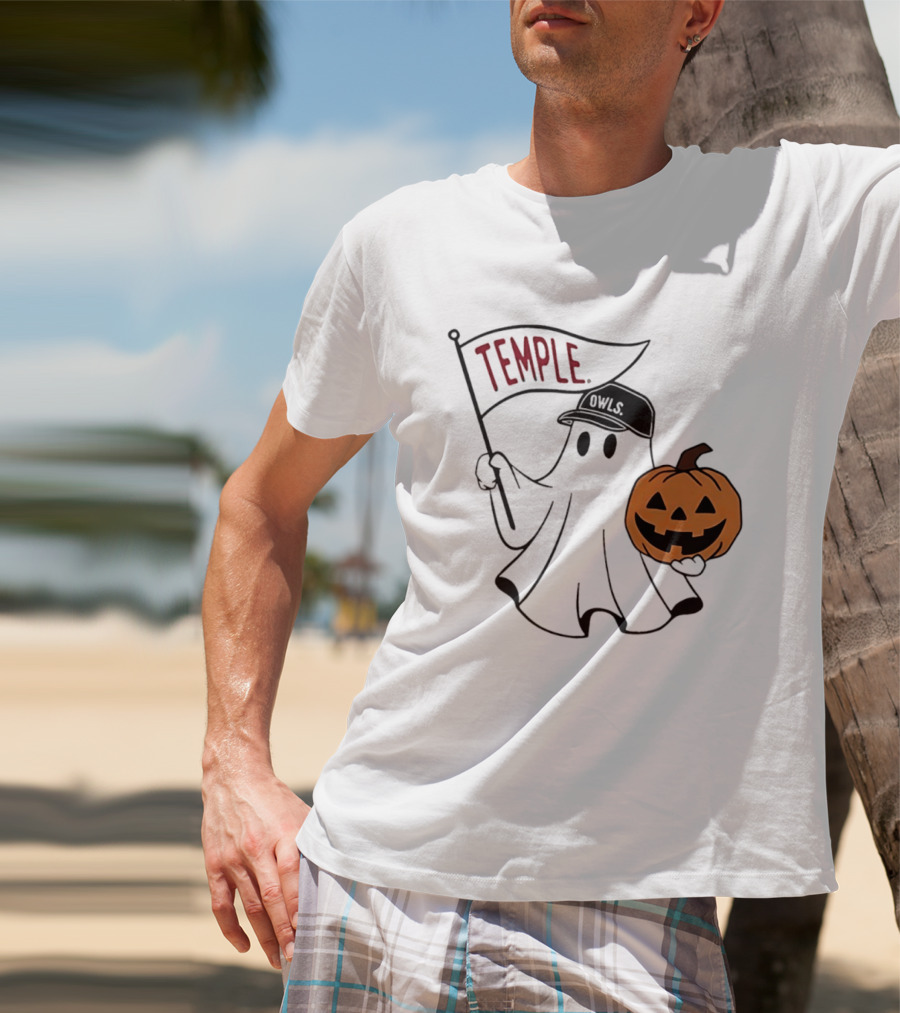 Temple Owls Halloween Ghost With Pumpkin And Flag T-Shirt