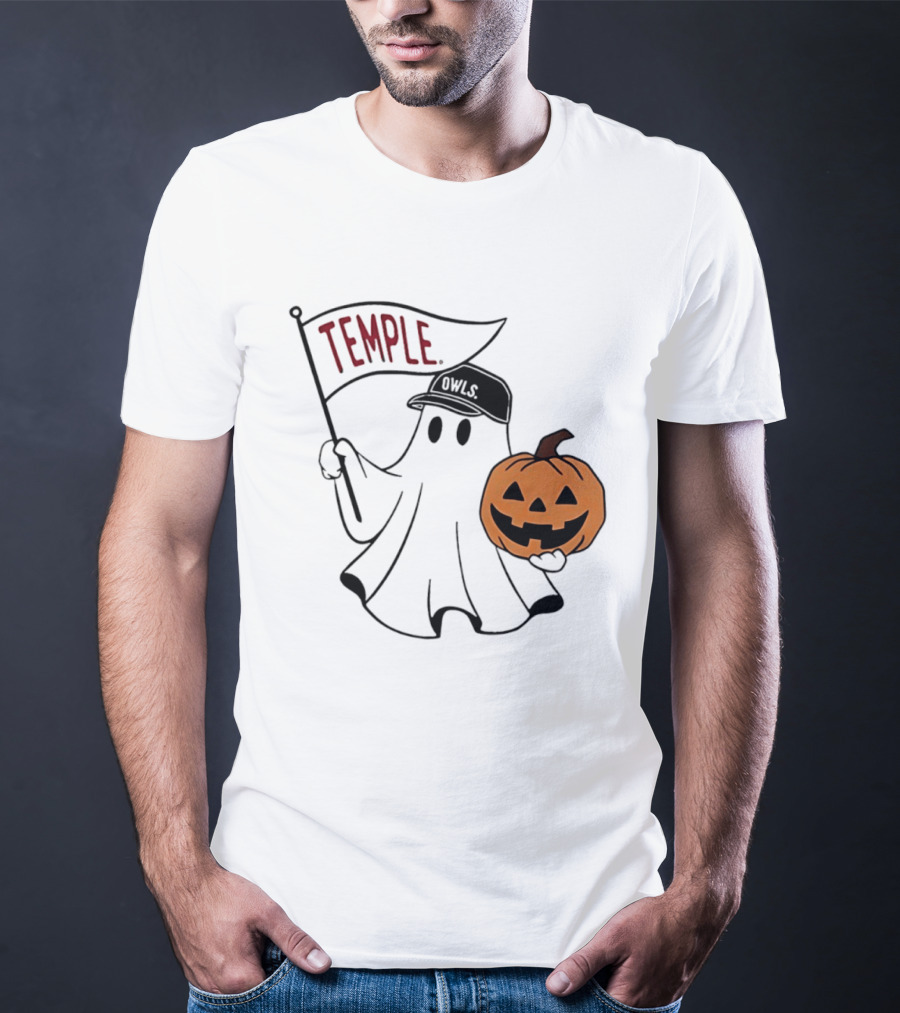 Temple Owls Halloween Ghost With Pumpkin And Flag T-Shirt