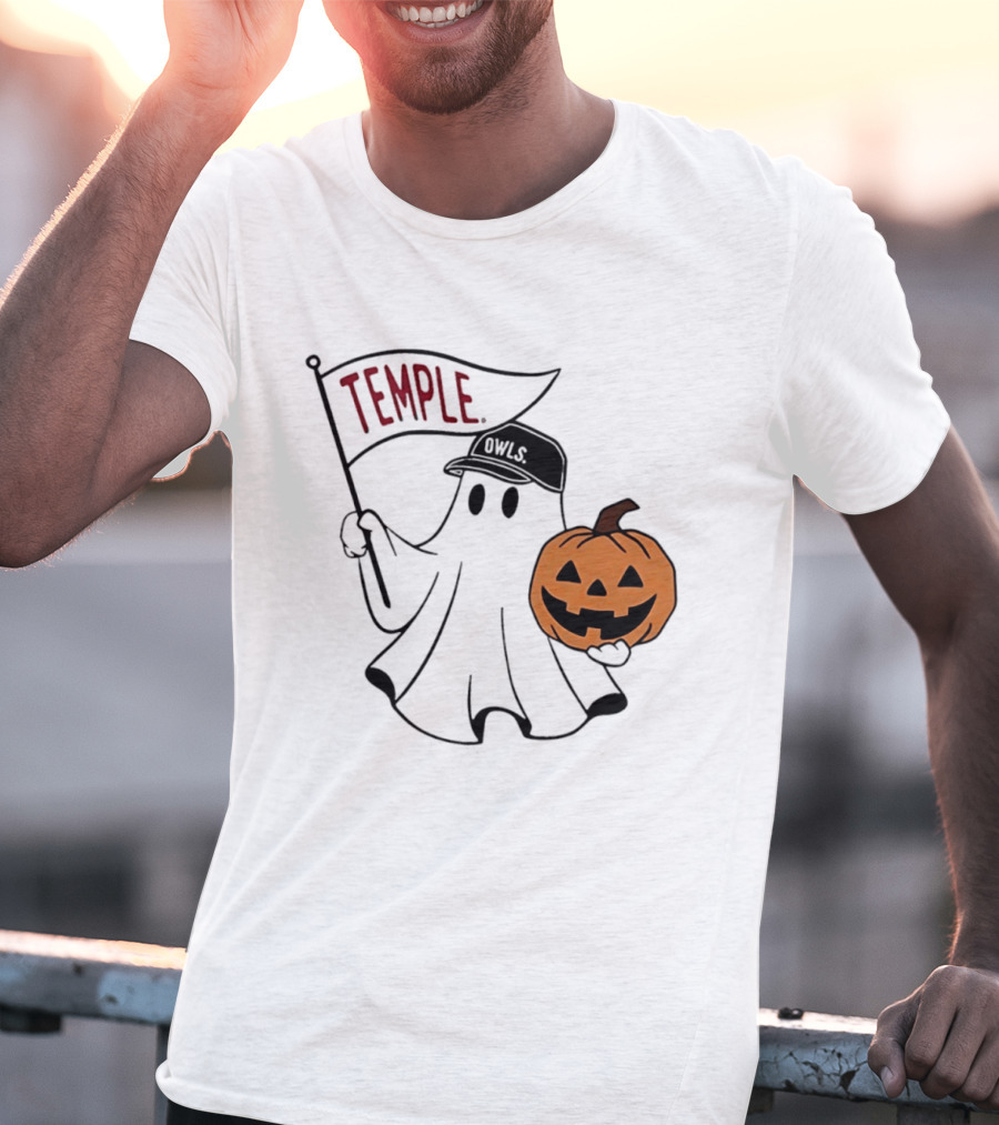 Temple Owls Halloween Ghost With Pumpkin And Flag T-Shirt