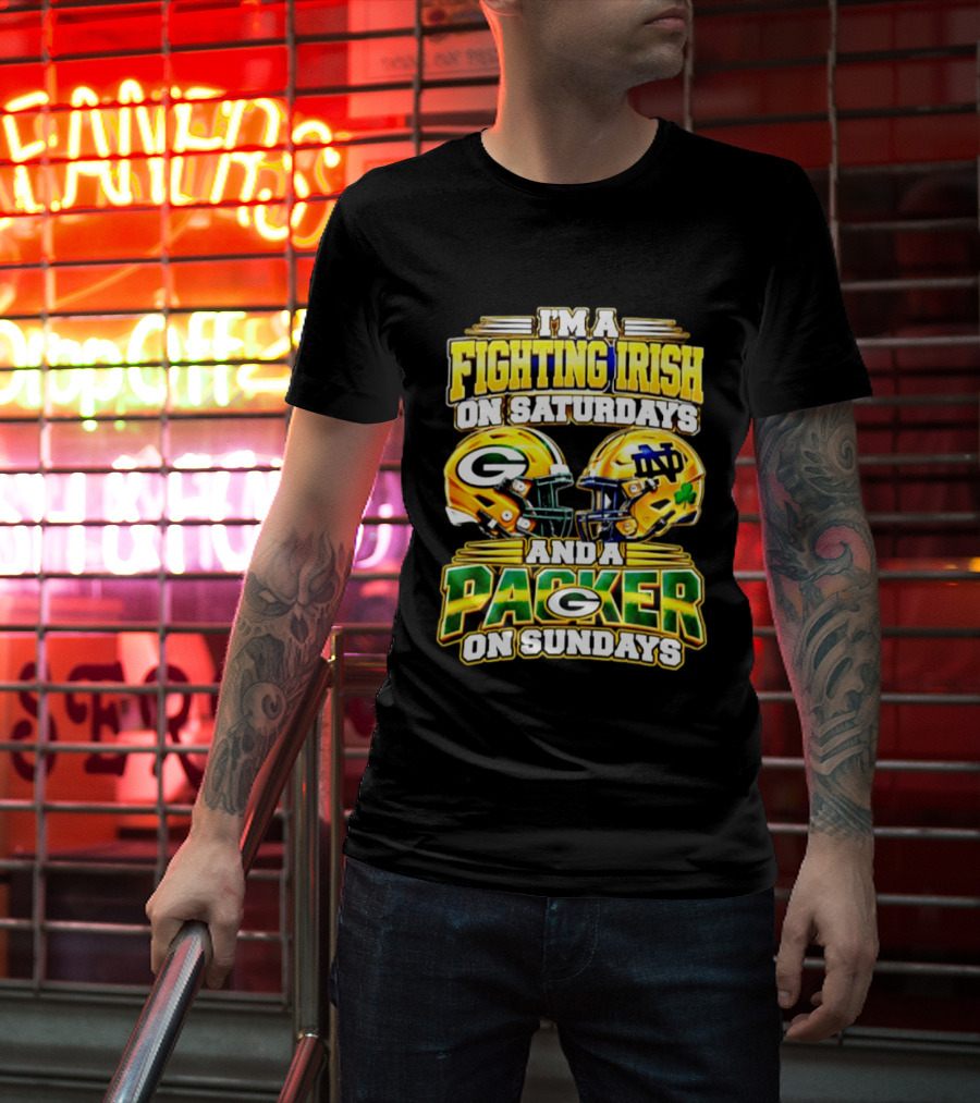I'm A Fighting Irish On Saturdays And A Packer On Sundays Football Helmet T-Shirt