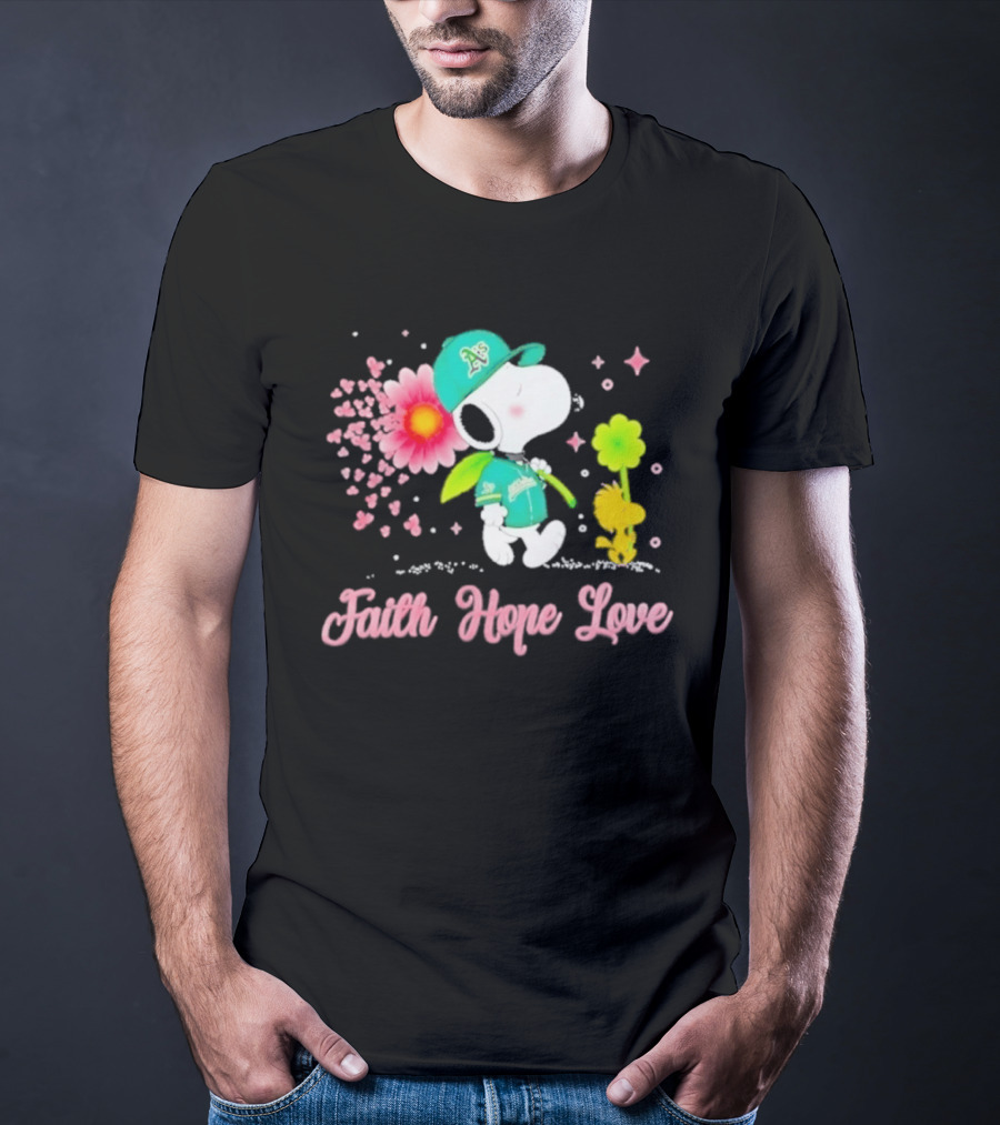 Oakland Athletics Snoopy Woodstock Faith Hope Love Breast Cancer Awareness 2026 T-Shirt