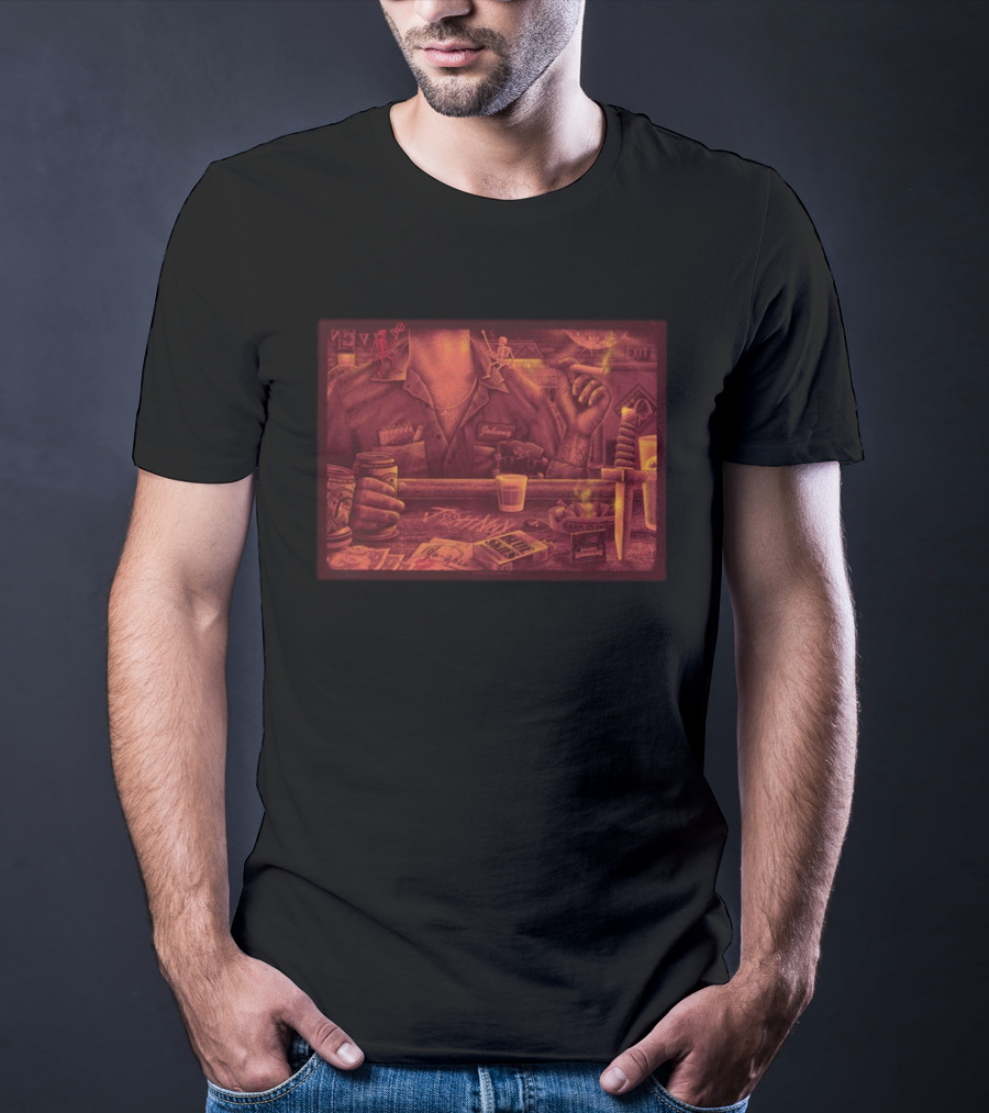 Johnny Blue Skies Dark Clouds Enterprise Center Oct 6 2026 Poker Whiskey Skeletons Dagger Smoky Bar Scene T-Shirt