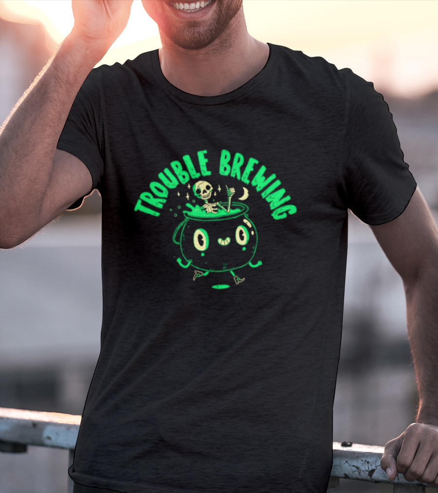 Skeleton Trouble Brewing Halloween 2026 Cauldron Moon T-Shirt
