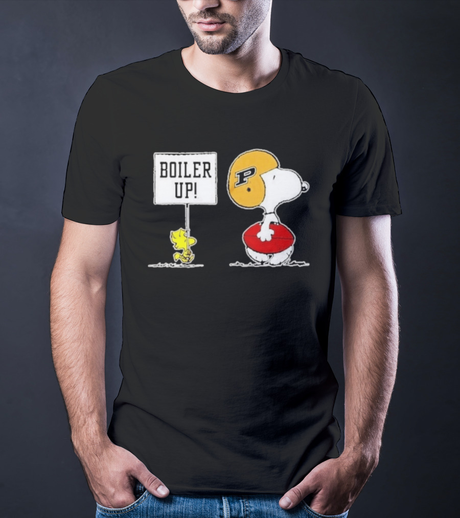 Snoopy And Woodstock Boiler Up Purdue Boilermakers Football P Helmet Peanuts Characters Holding Football T-Shirt