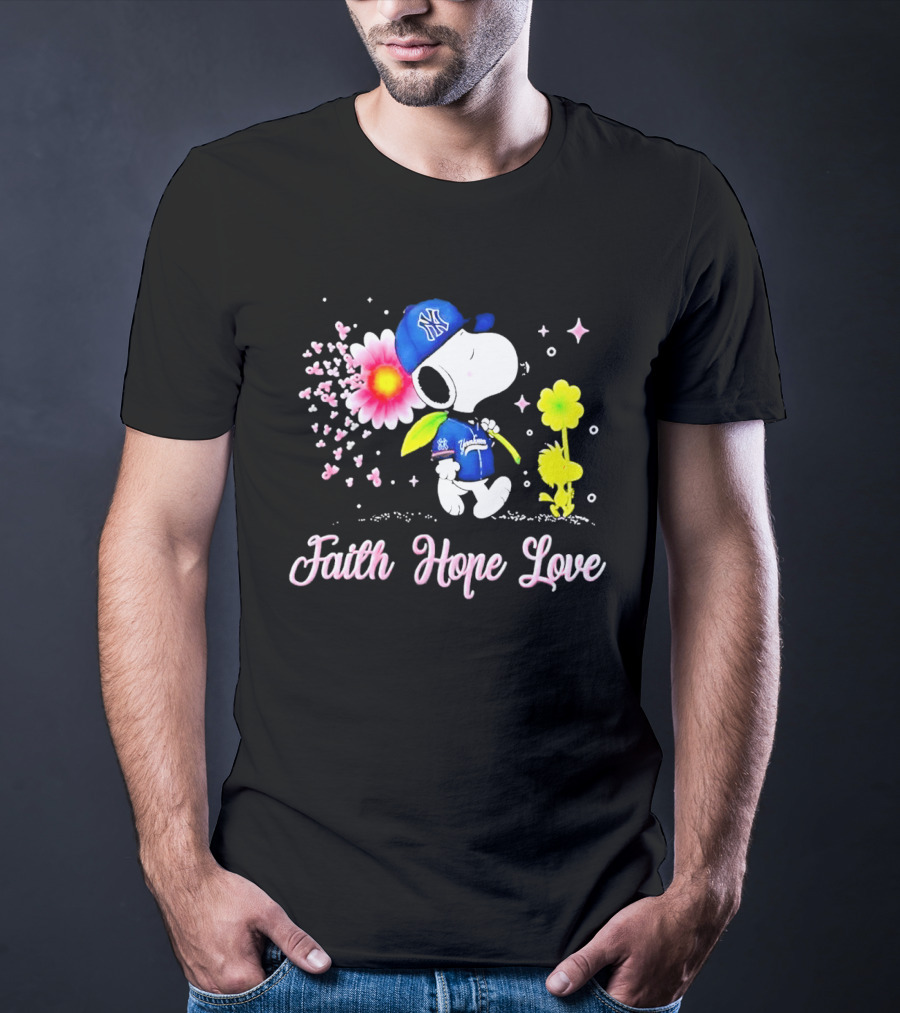 Snoopy New York Yankees Breast Cancer Awareness Faith Hope Love Blossoms Woodstock T-Shirt
