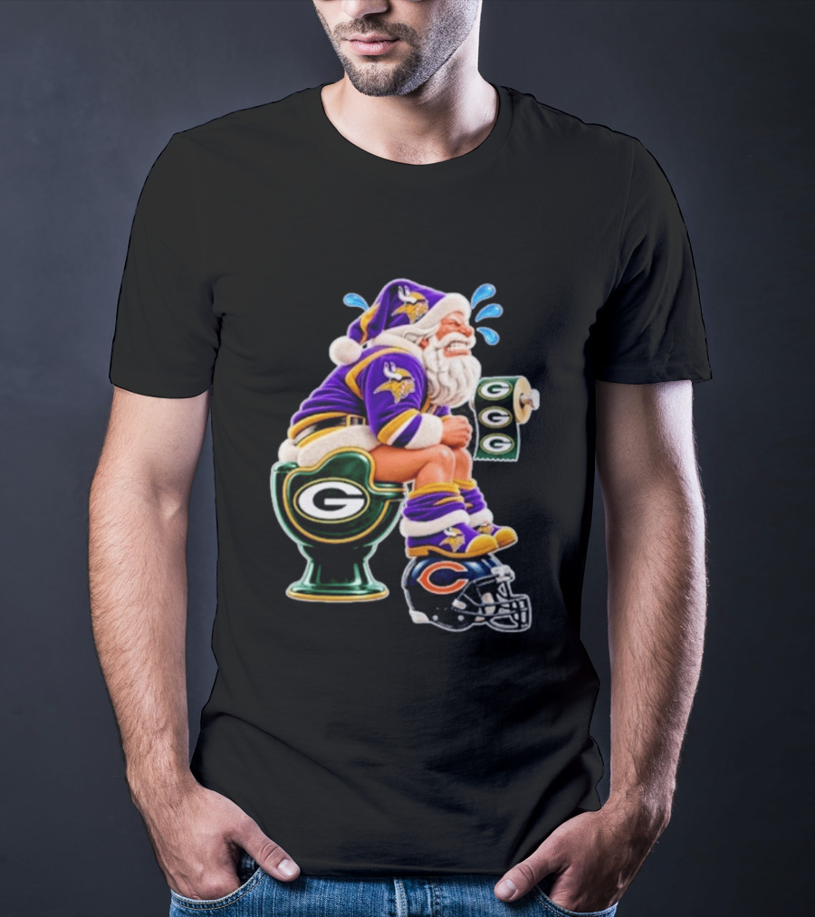 Minnesota Vikings Santa With Green Bay Packers Toilet And Chicago Bears Helmet Christmas Football T-Shirt