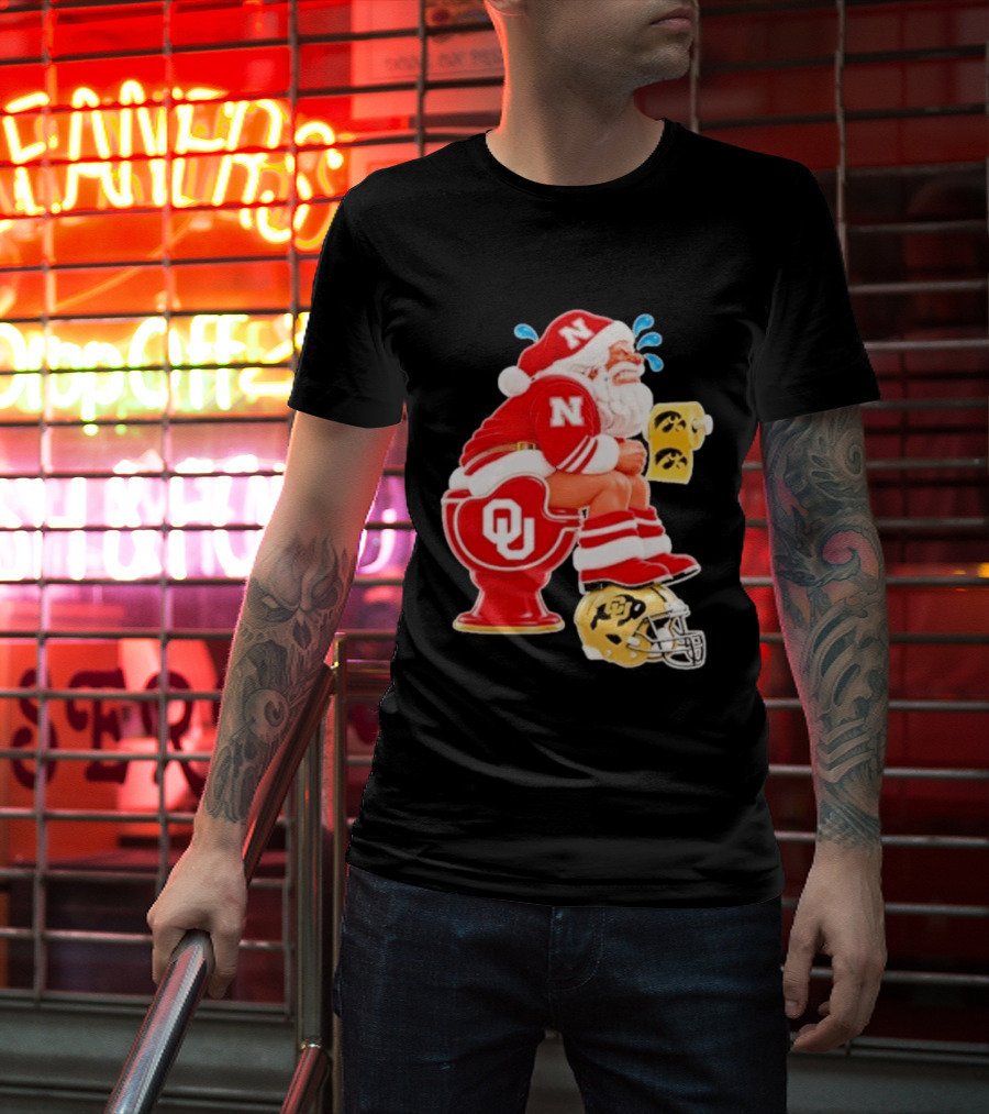 Nebraska Santa On Oklahoma Toilet With Iowa Toilet Paper And Colorado Helmet Football Rivalry Humor T-Shirt