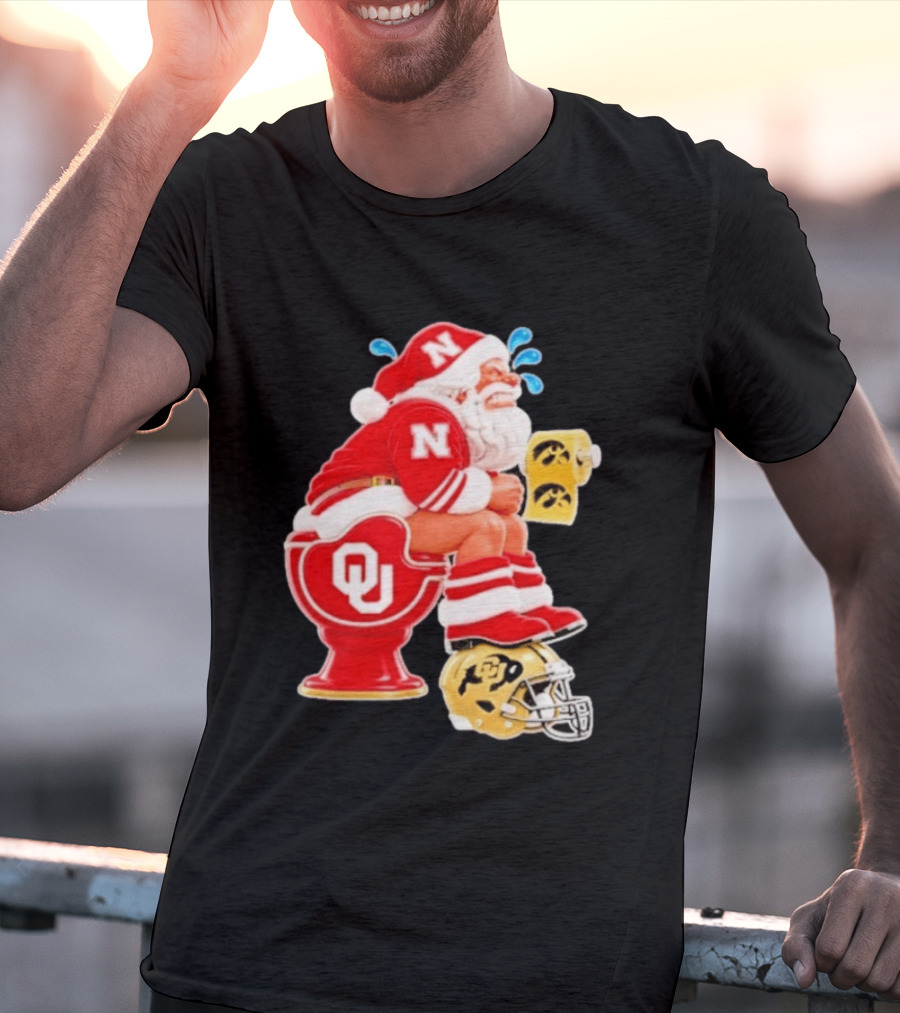 Nebraska Santa On Oklahoma Toilet With Iowa Toilet Paper And Colorado Helmet Football Rivalry Humor T-Shirt