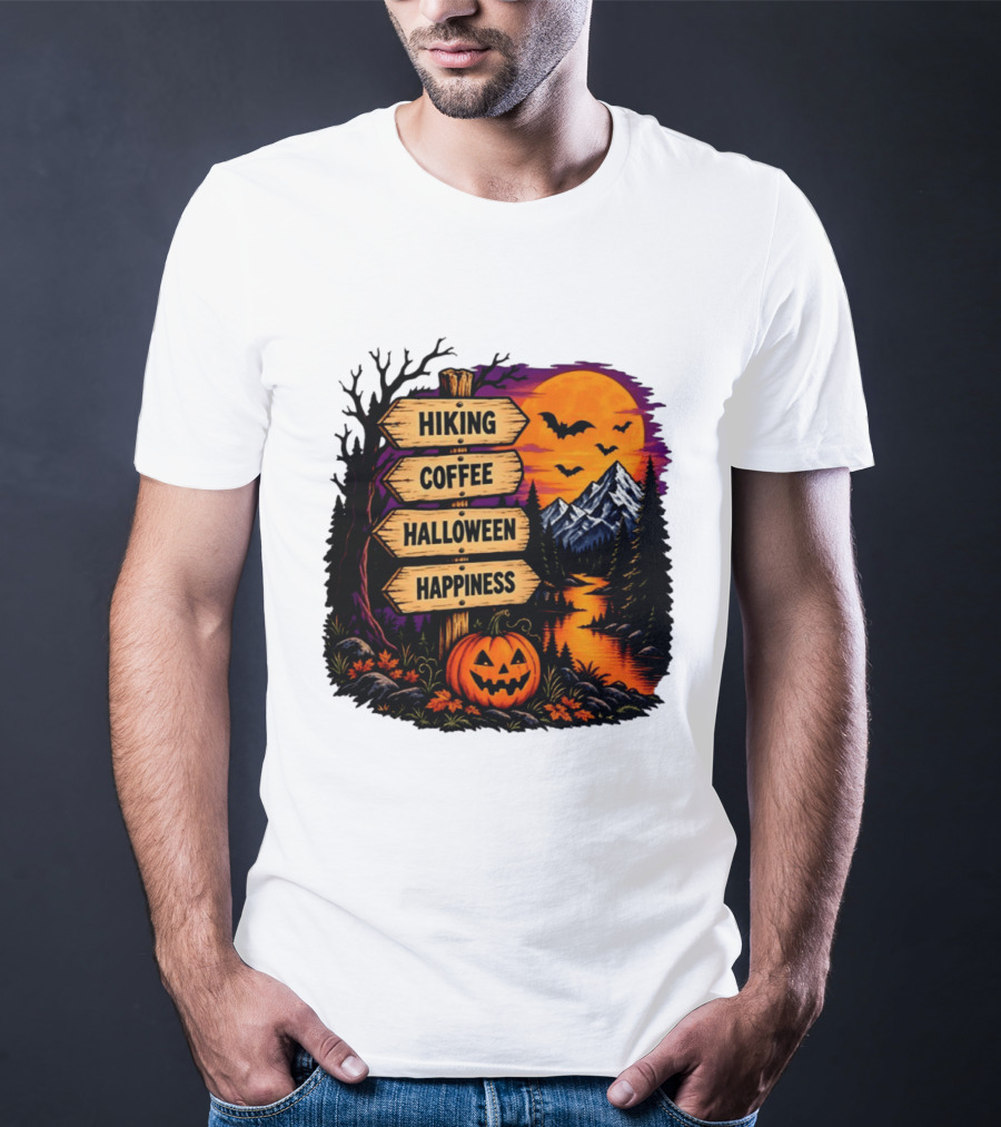 Hiking Coffee Halloween Happiness Fall Season Signpost Scenic Sunset Pumpkin Bats T-Shirt