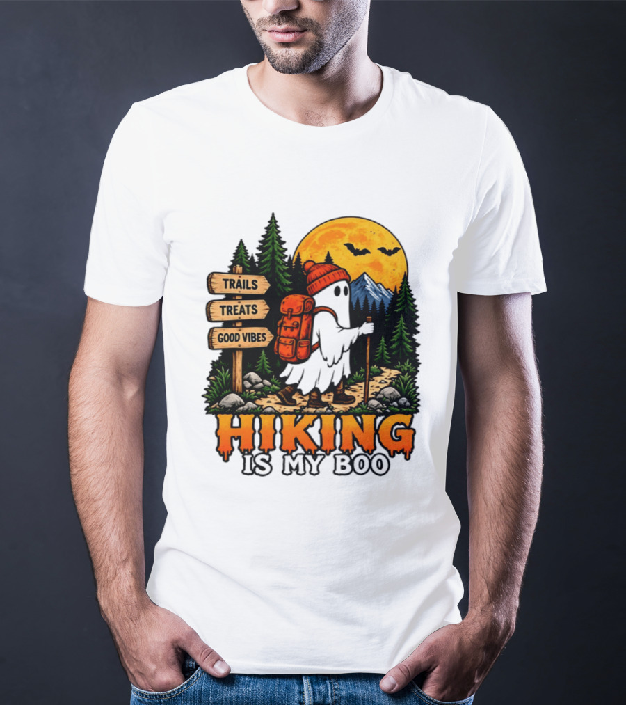 Hiking Is My Boo Ghost Trails Treats Good Vibes Halloween T-Shirt