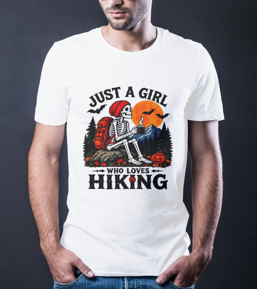 Just A Girl Who Loves Hiking Skeleton Autumn Halloween Pumpkin Bats And Coffee T-Shirt