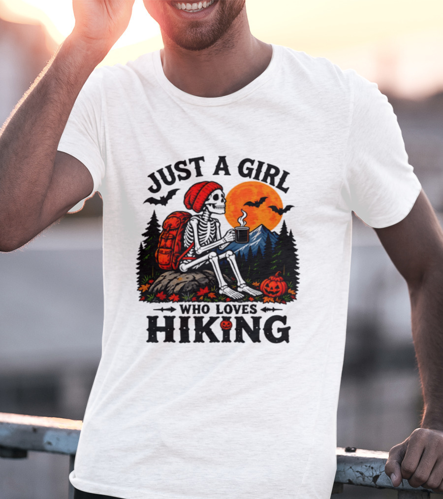 Just A Girl Who Loves Hiking Skeleton Autumn Halloween Pumpkin Bats And Coffee T-Shirt