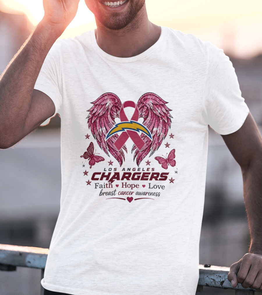 Los Angeles Chargers Breast Cancer Awareness Faith Hope Love Wings Ribbon Butterflies T-Shirt