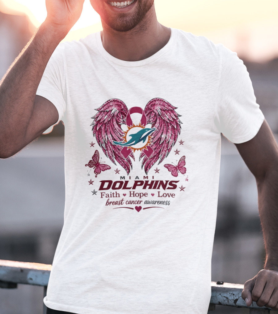 Miami Dolphins Breast Cancer Awareness Faith Hope Love Pink Ribbon Wings T-Shirt