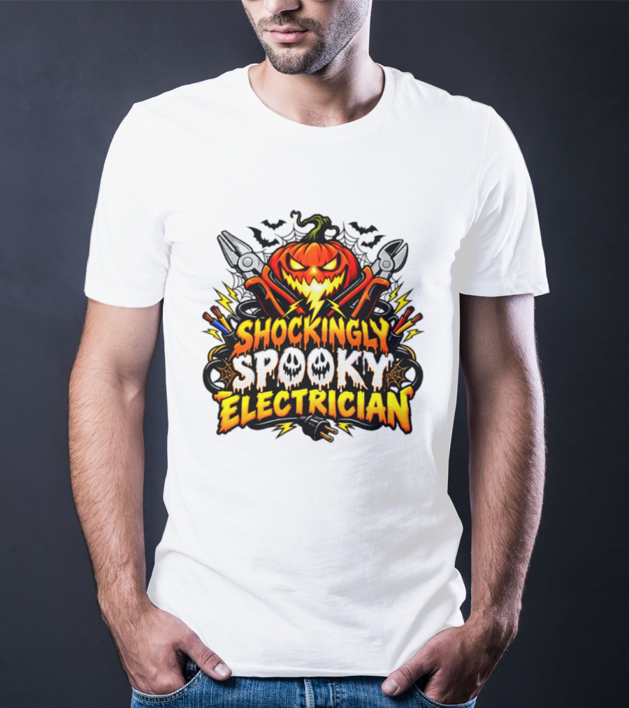 Shockingly Spooky Electrician Pumpkin Halloween Pliers And Bats T-Shirt