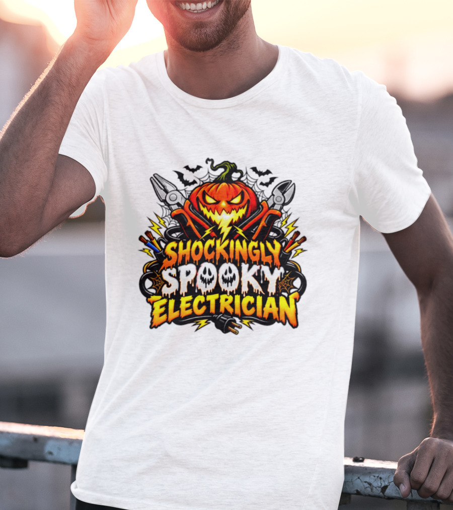 Shockingly Spooky Electrician Pumpkin Halloween Pliers And Bats T-Shirt