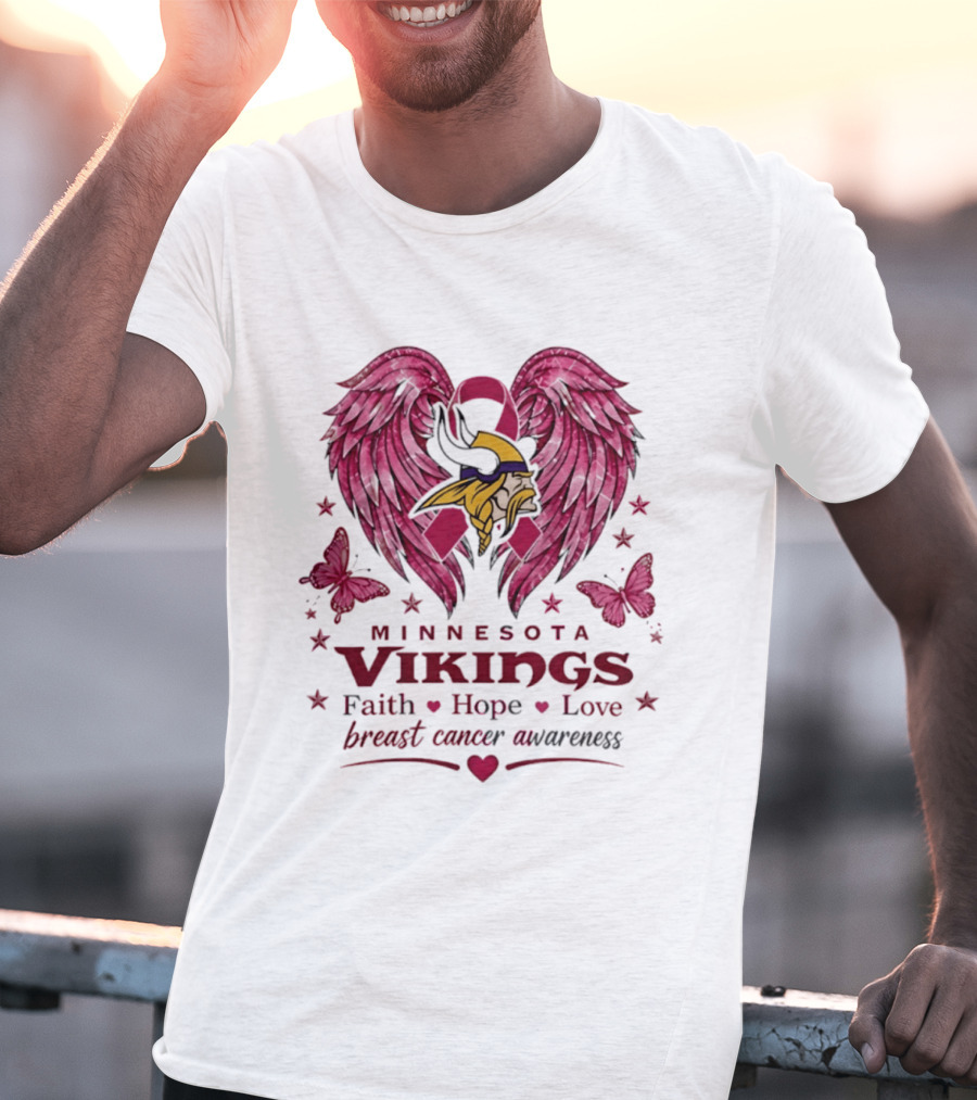 Minnesota Vikings Breast Cancer Awareness Faith Hope Love Wings T-Shirt