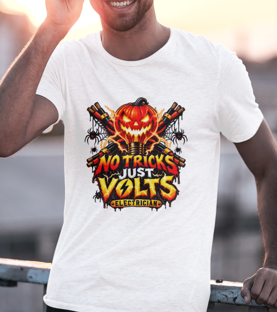No Tricks Just Volts Electrician Pumpkin Halloween T-Shirt