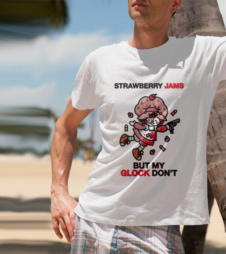 Strawberry Jams But My Glock Don't Cartoon Character With Pink Frosted Hat And Pistol T-Shirt