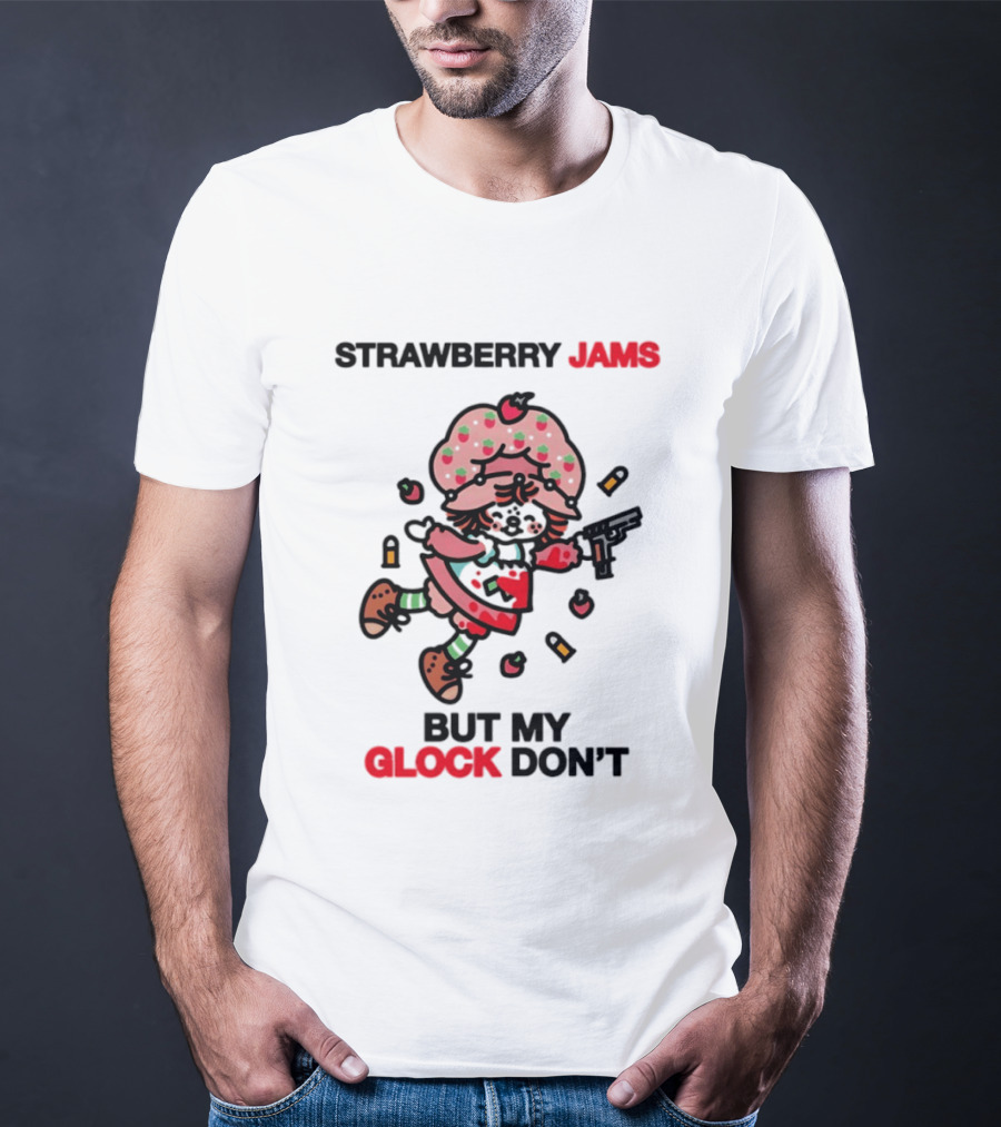 Strawberry Jams But My Glock Don't Cartoon Character With Pink Frosted Hat And Pistol T-Shirt