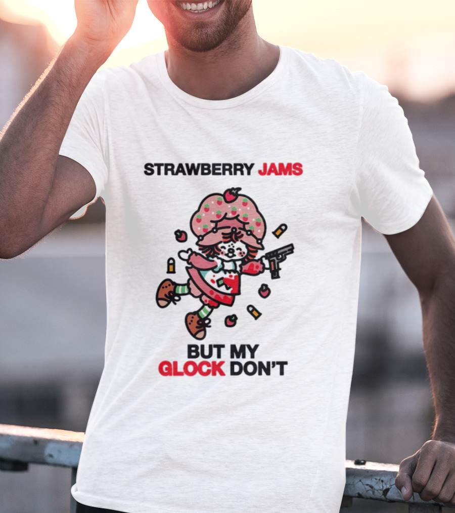 Strawberry Jams But My Glock Don't Cartoon Character With Pink Frosted Hat And Pistol T-Shirt