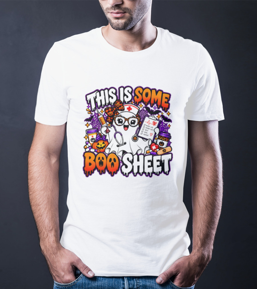 This Is Some Boo Sheet Nurse Life Spooky Shift Halloween 2026 Pumpkin Ghost Nurse Hat Glasses Bats T-Shirt