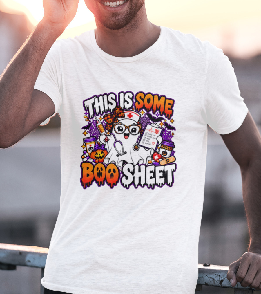 This Is Some Boo Sheet Nurse Life Spooky Shift Halloween 2026 Pumpkin Ghost Nurse Hat Glasses Bats T-Shirt