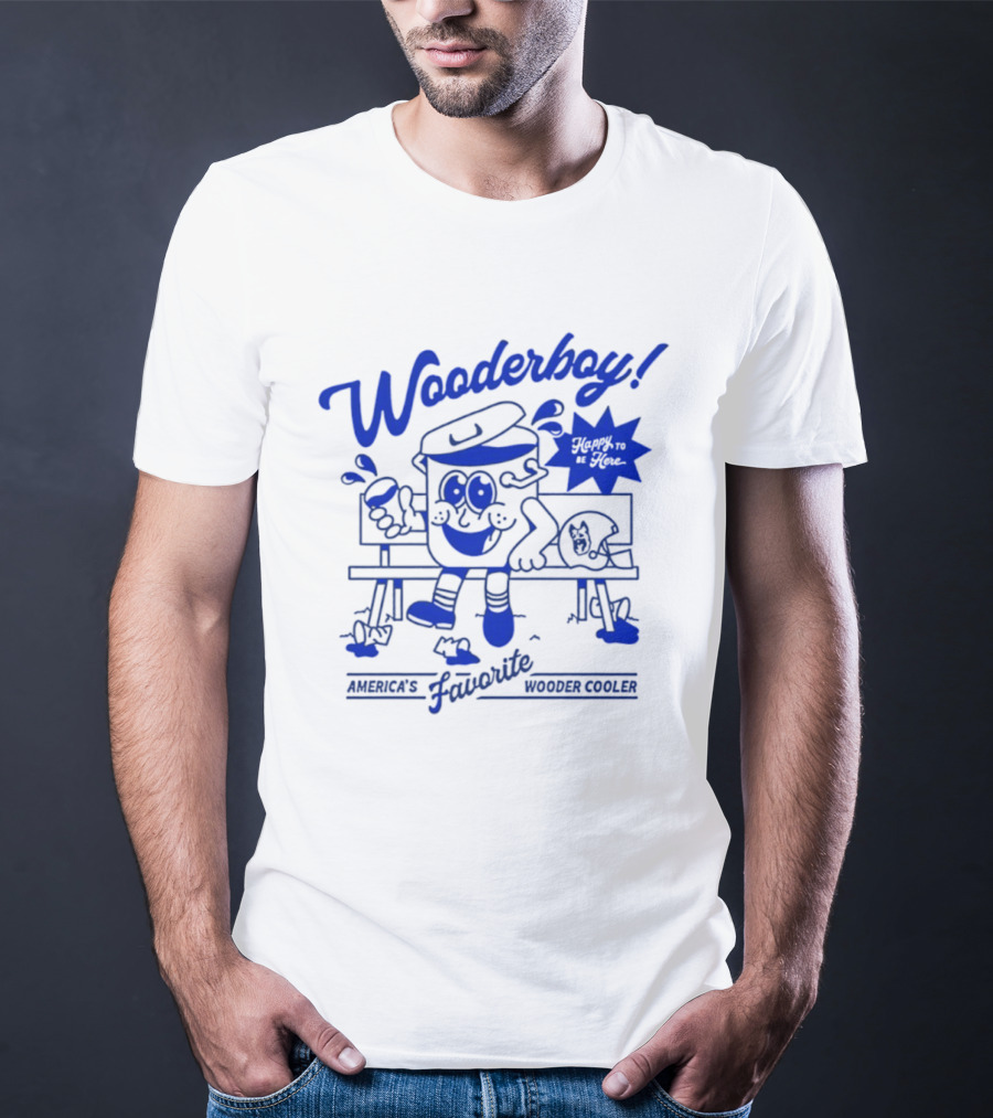 Wooderboy America's Favorite Wooder Cooler Happy To Be Here Cartoon Character Sitting On Bench With Drink T-Shirt