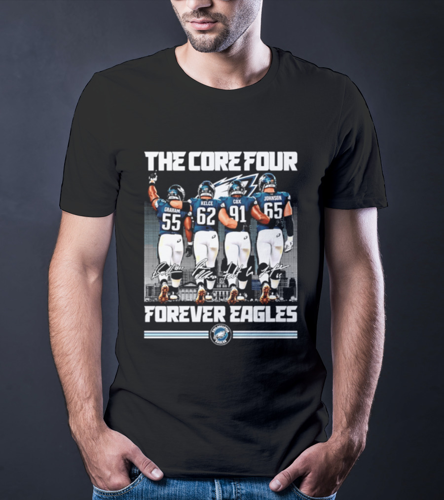 Philadelphia Eagles The Core Four Jenkins Kelce Cox Johnson Forever Legends Skyline Signatures T-Shirt