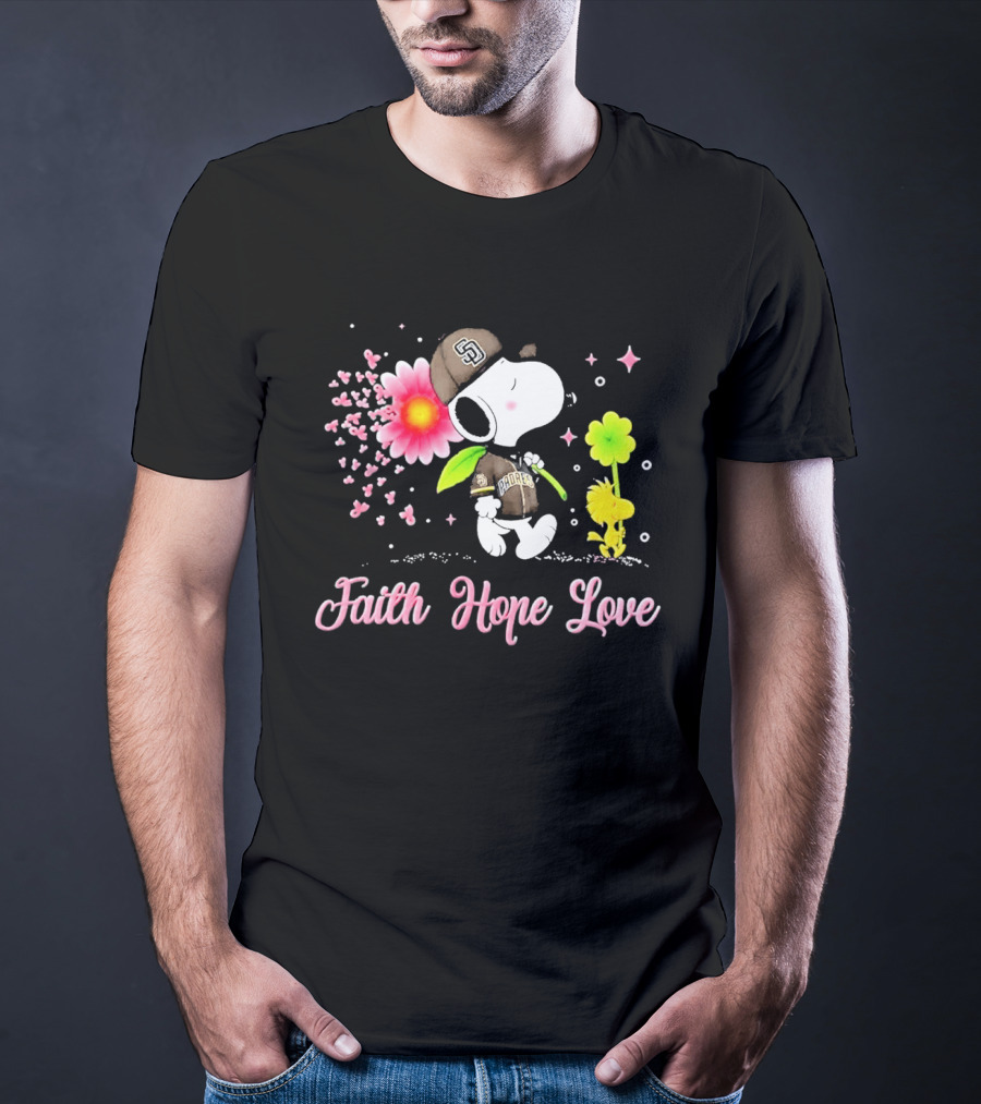 Snoopy San Diego Padres Faith Hope Love Breast Cancer Awareness T-Shirt