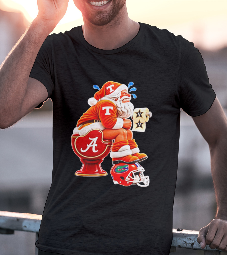 Tennessee Volunteers Santa Claus With Alabama Crimson Tide Toilet Vanderbilt Commodores Toilet Paper Florida Gators Helmet T-Shirt