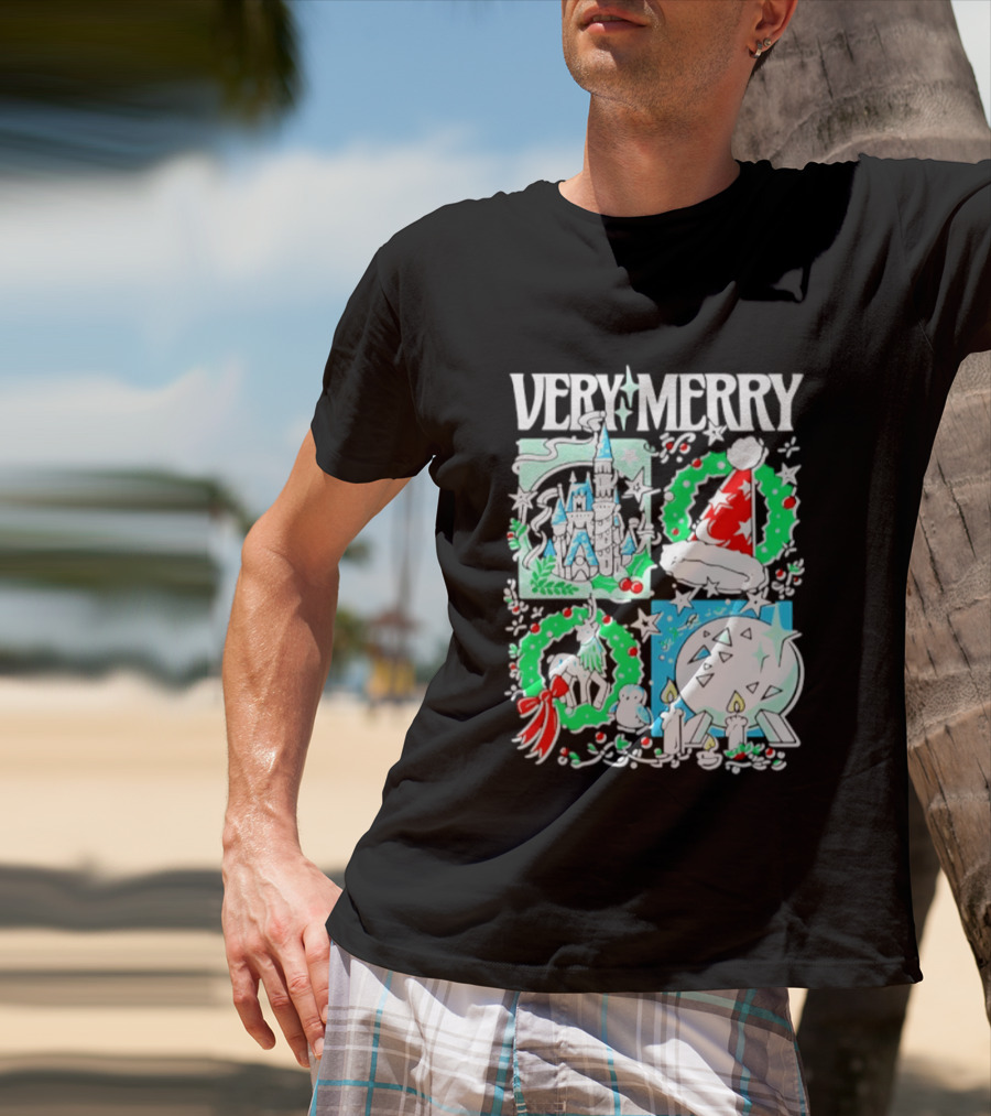 Very Merry 2026 Christmas Disney Castle Holiday Wreath And Santa Hat Candles T-Shirt